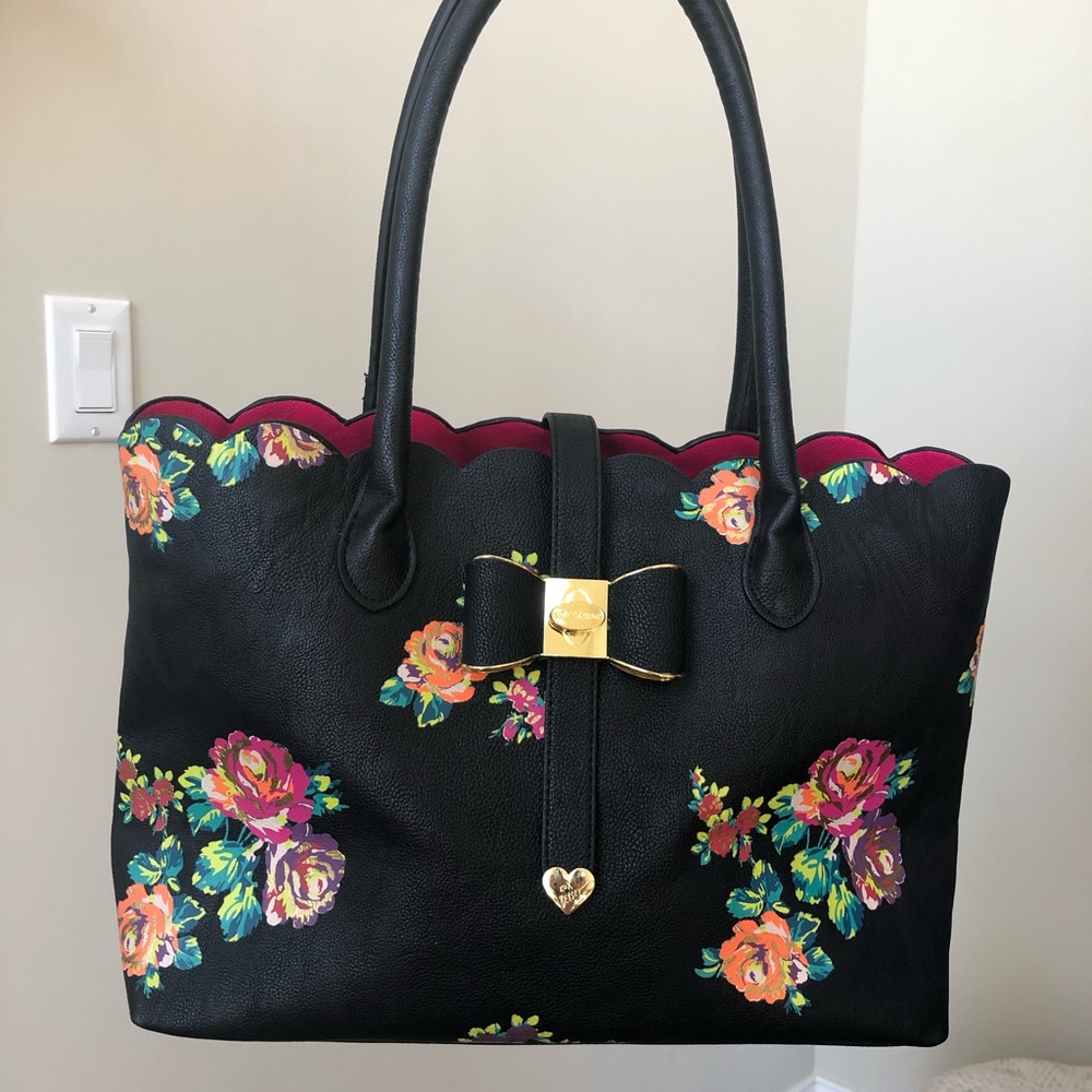 Betsey Johnson black & floral tote bag - like new!